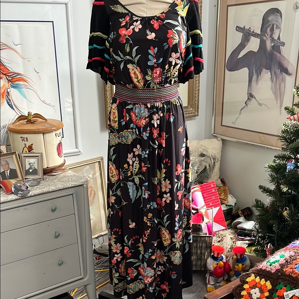 Bohemian Floral Maxi Dress in Black and Multicolor